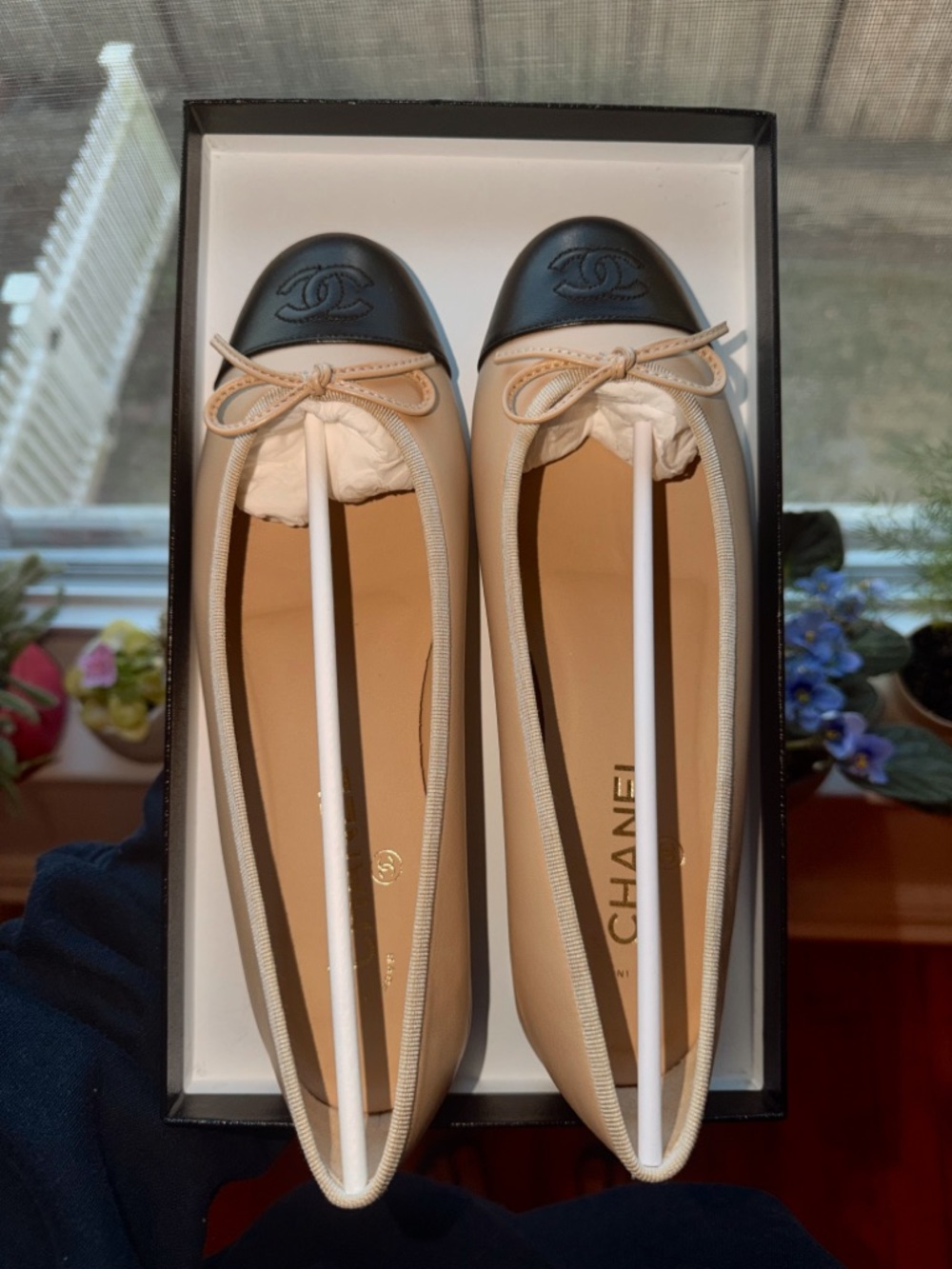 CHANEL Beige Leather Ballet Flats with Black Cap Toe